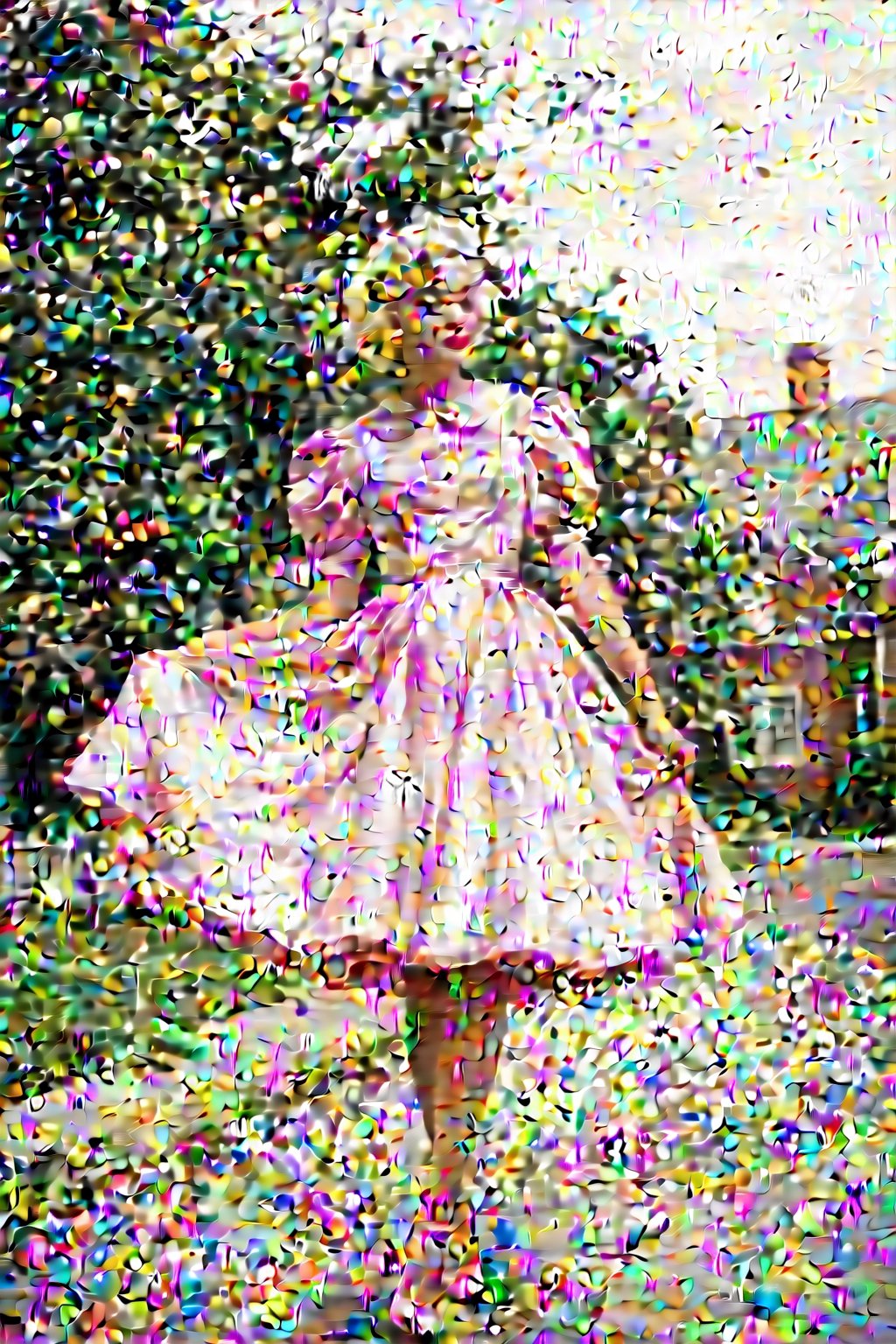 1950s setting(((Young lady in pink satin dress))). Skirt wide with (((petticoats))). Puffed shoulder sleeves. Peter pan collar, In street, bright sunlight with strong contrast, 
(((light hair, white short curly hair, 50s age style)))
(((dynamic pose, looking at viewer))) 
(((Wide angle, full body shot, profile view)))
(((by Diane Arbus style)))

