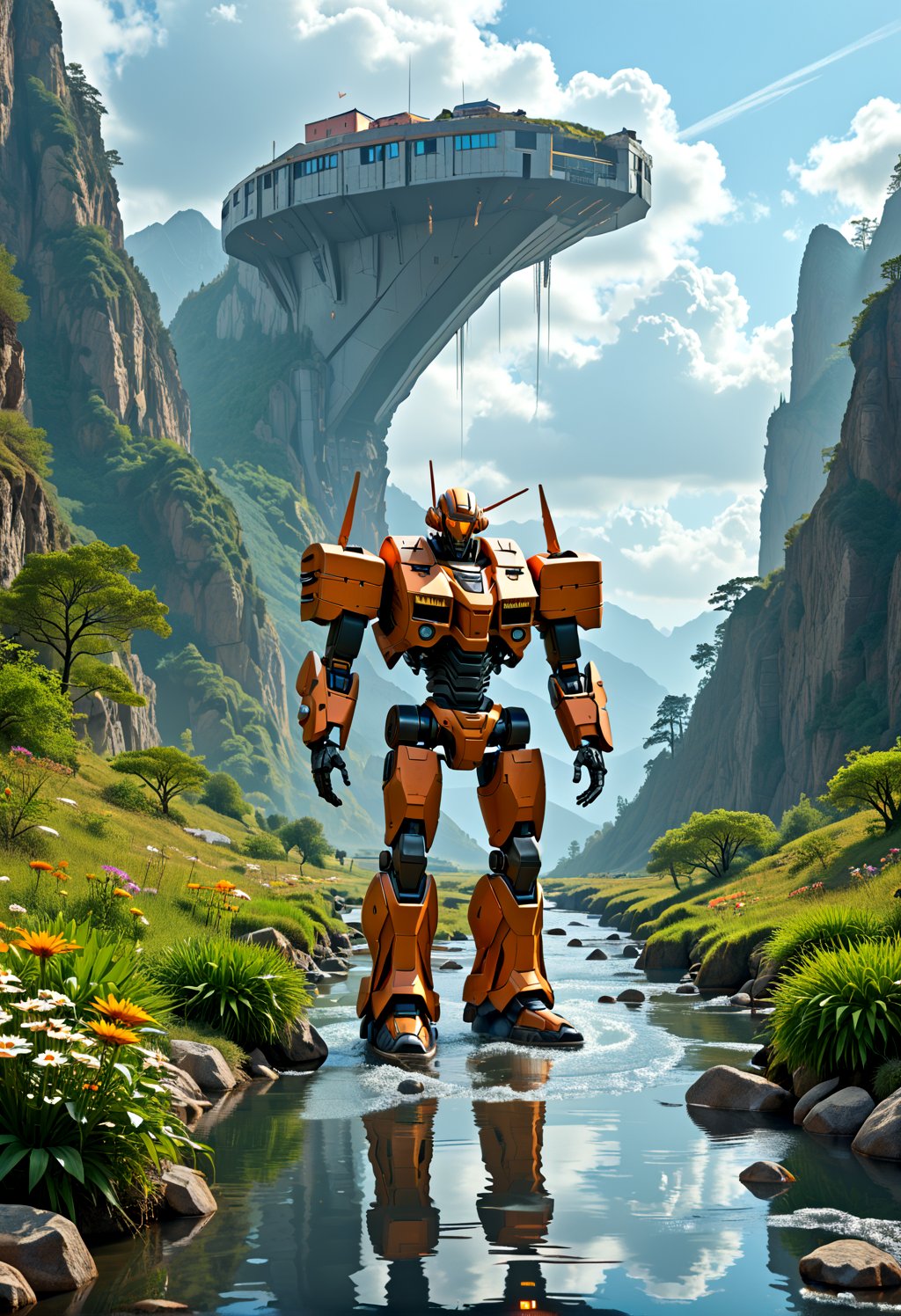 score_9, score_8_up, score_7_up, a large robot standing in the middle of a rocky landscape. The robot is white with orange eyes and appears to be made of metal. It has two arms and two legs, and its body is covered in armor. The landscape is filled with rocks, plants, and trees, and there is a small stream running through it. In the background, there are tall mountains and a temple-like structure. The sky is blue and there are a few clouds scattered across it. The overall mood is peaceful and serene., robot, no humans, rock, mecha, science fiction, open hands, cloud, outdoors, mountain, water, tree, reflection, sky, scenery, grass, flower, solo, orange eyes, standing, day, river, plant, looking ahead, pond, moss, reflective water, cloudy sky