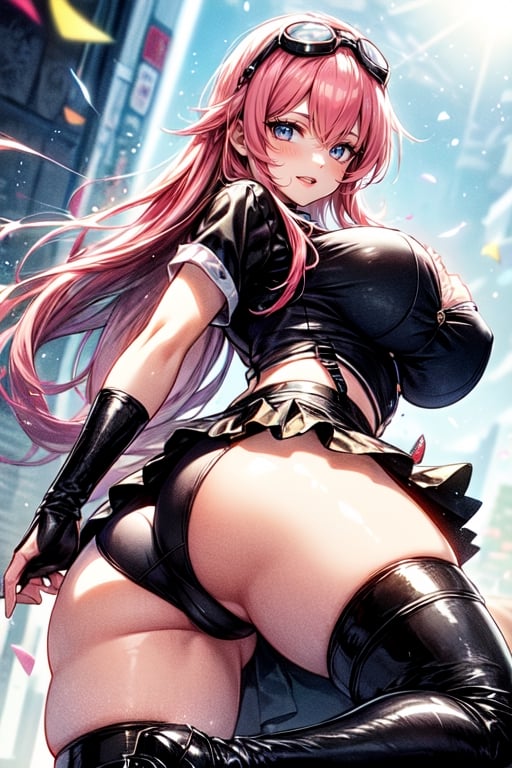 (plays the character Watalidaoli Simca in air gear), 1 girl, solo, smile, perfect face, make-up, stick out tongue, excited face, blush, big breasts, no underwear, black panties exposed, long pink hair, perfect ass, sexy suspender black stockings, wearing white Japanese high school uniform, fingerless gloves, wearing boots, hands near waist, goggles on head, sexy pose, (Best quality, masterpiece, realistic, highly detailed ), ahegao face,
