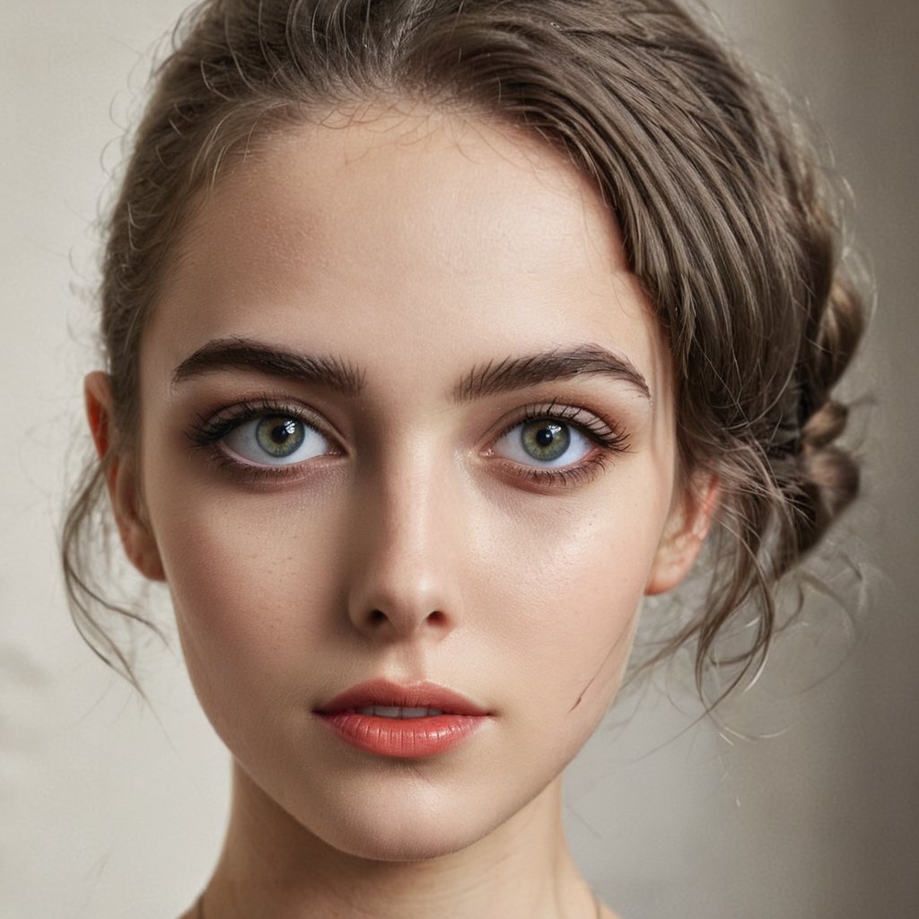 Full realistic photo from far of a stylish young Slavic woman with large,  captivating realistic eyes,  thick realistic ey...