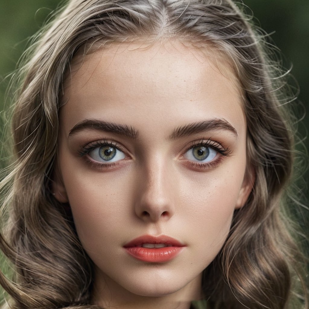 Full realistic photo from far of a stylish young Slavic woman with large,  captivating realistic eyes,  thick realistic ey...