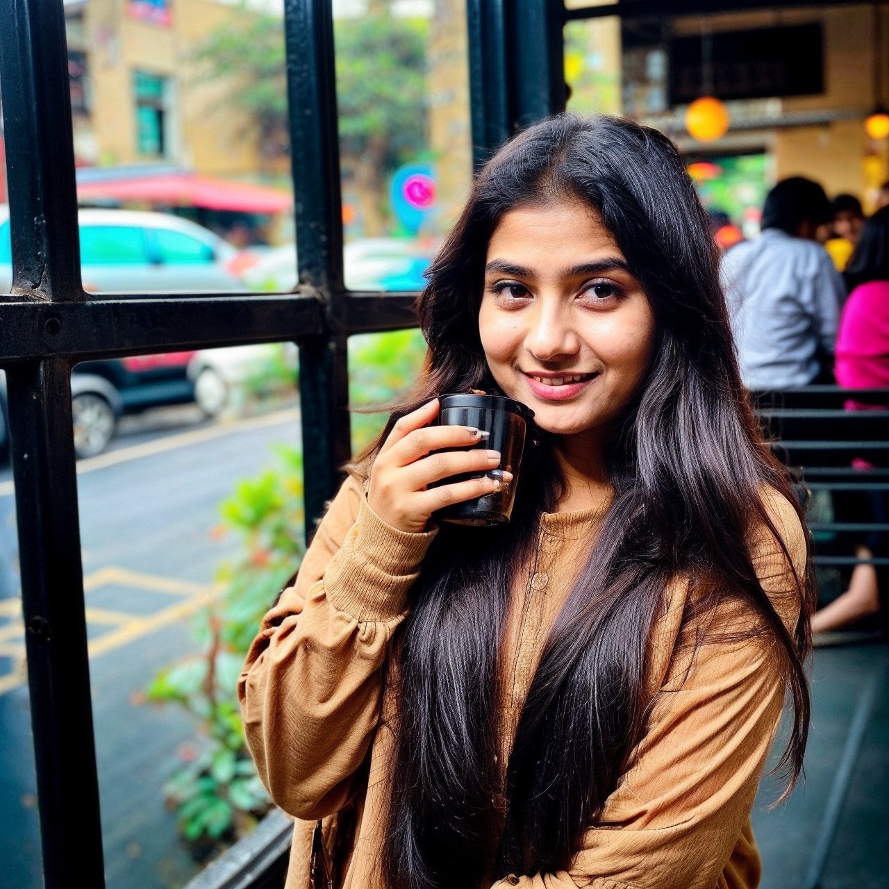 beautiful cute young attractive indian teenage girl, village girl, 18 years old, cute,  Instagram model, long black_hair, colorful hair, warm, cafe, indian