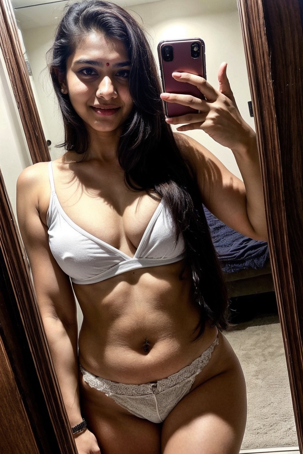 beautiful cute young attractive indian teenage girl, 18 years old, cute,  Instagram model, long black_hair, colorful hair, warm, at home, indian, mirror selfie, sexy
