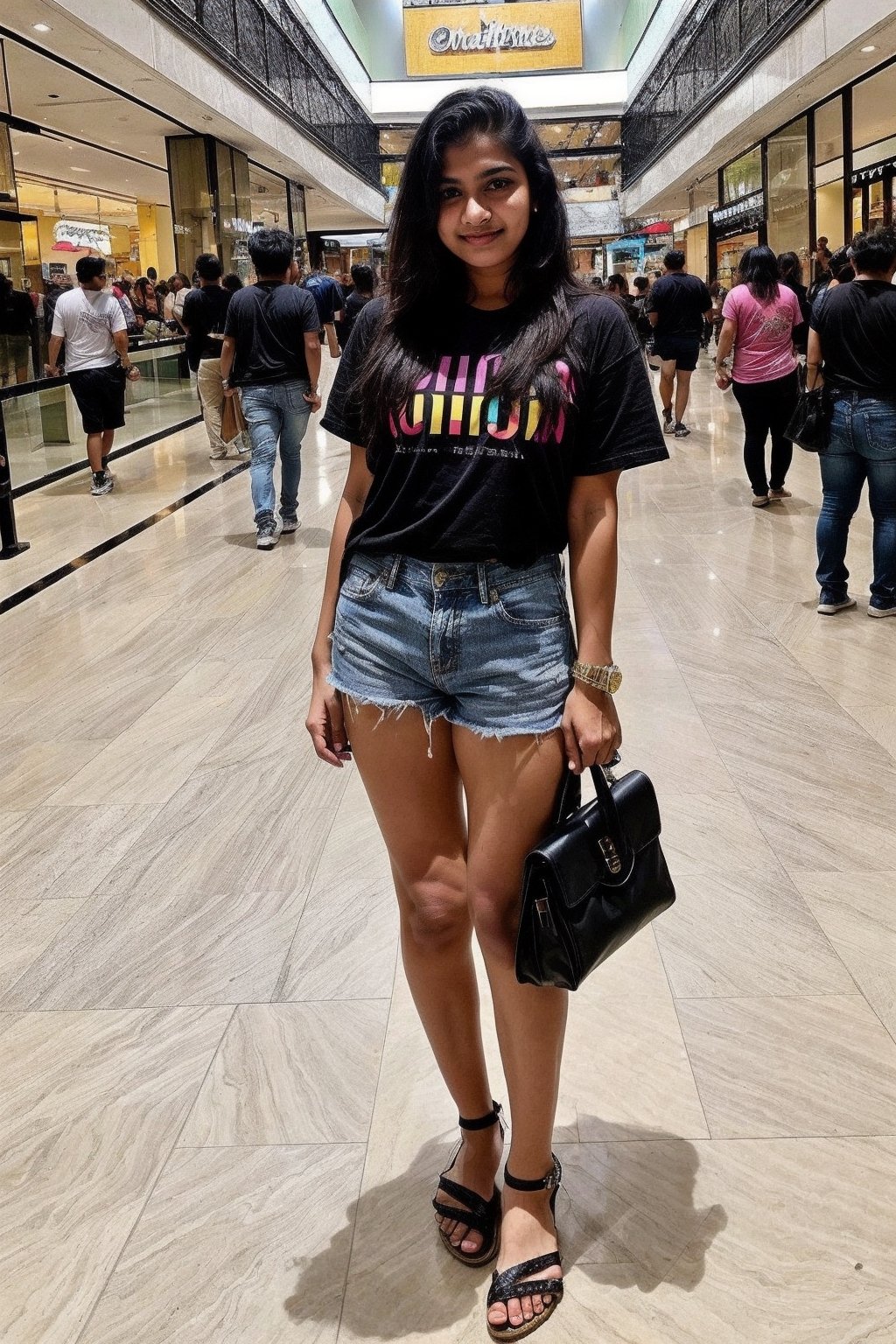 beautiful cute young attractive indian teenage girl, 18 years old, cute,  Instagram model, long black_hair, colorful hair, warm, at home, indian,  full body, tshirt, denim shorts, in a mall

