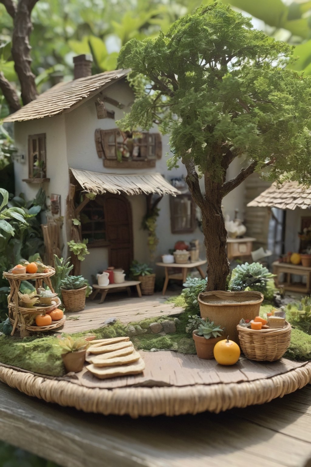 outdoors, food, day, tree, no humans, plant, scenery, basket, potted plant, house,diorama