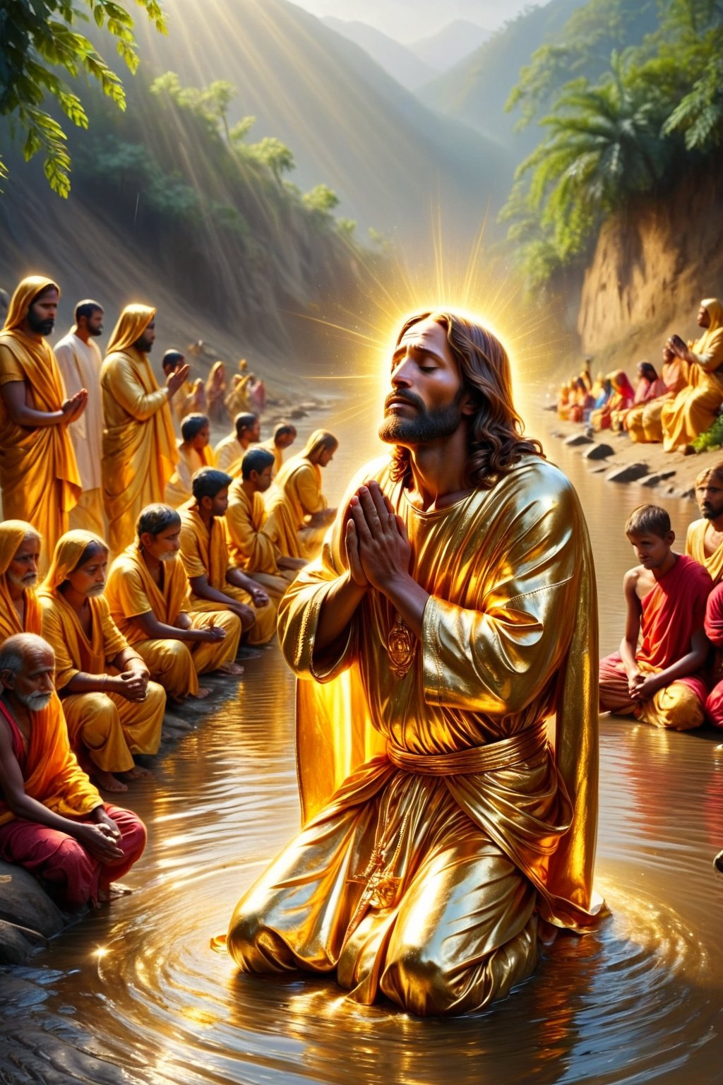 Golden Jesus is praying, poor family in india, people are pray, long river side,BucketGoldUnderTheRainbow