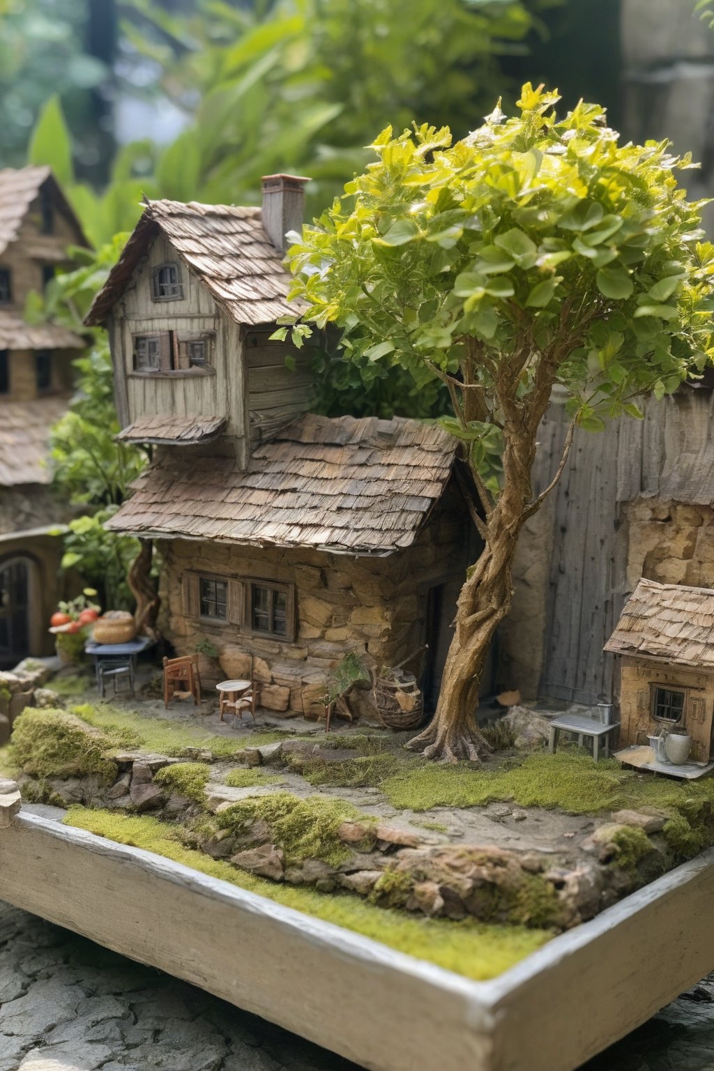 outdoors, food, day, tree, no humans, plant, scenery, basket, potted plant, house,diorama