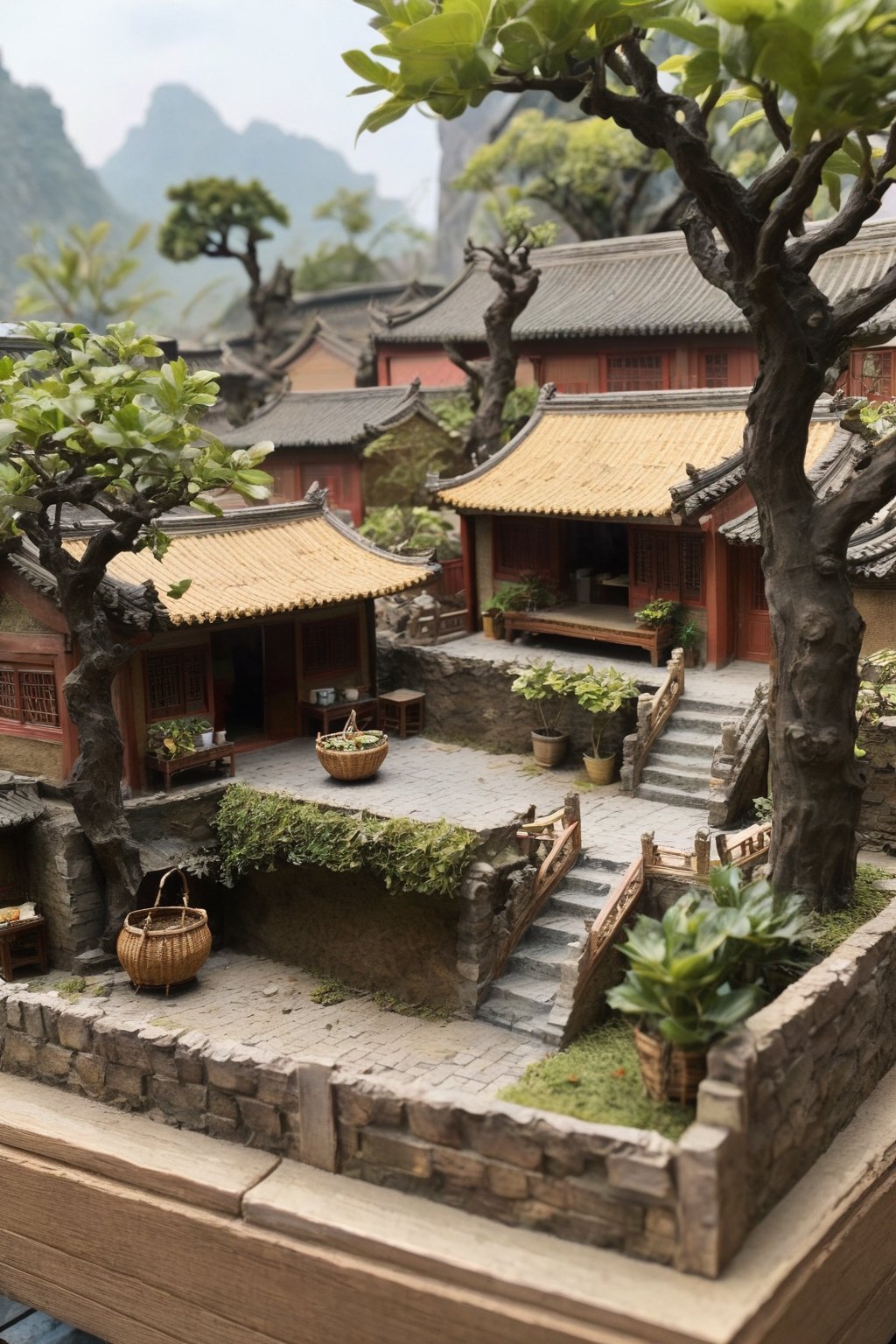 outdoors, food, day, tree, no humans, plant, scenery, basket, potted plant, house,diorama,gugong