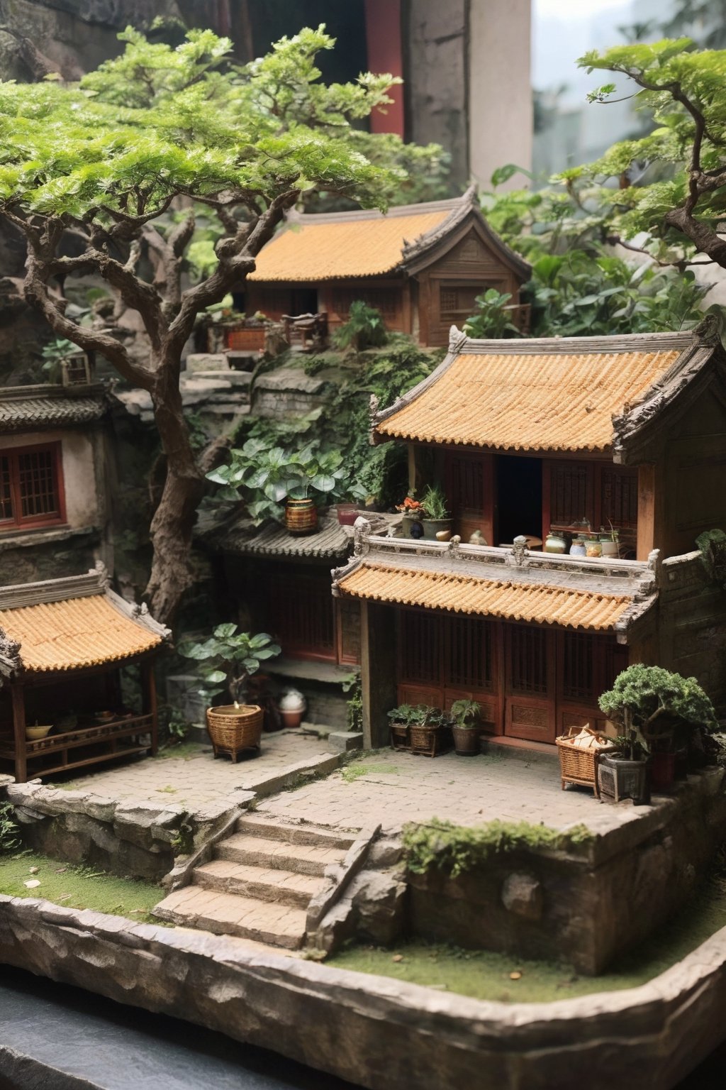 outdoors, food, day, tree, no humans, plant, scenery, basket, potted plant, house,diorama,gugong