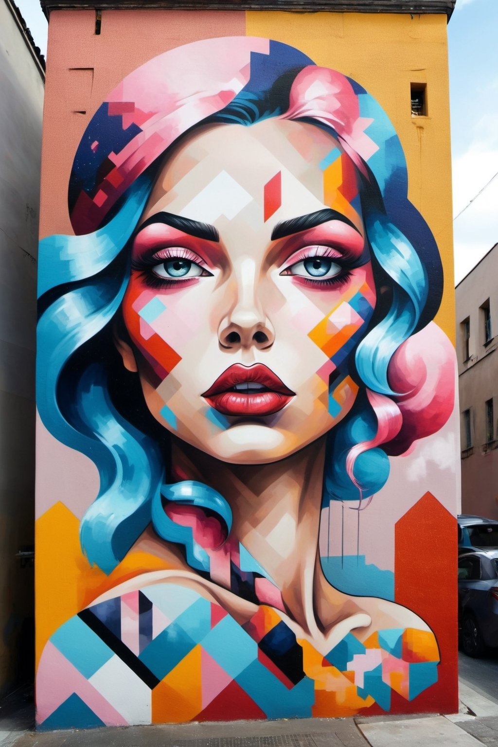 Street art, with its contemporary sensibility and a blend of geometric and surreal forms, conveys beauty,LinkGirl,DonM3l3m3nt4lXL,glitter