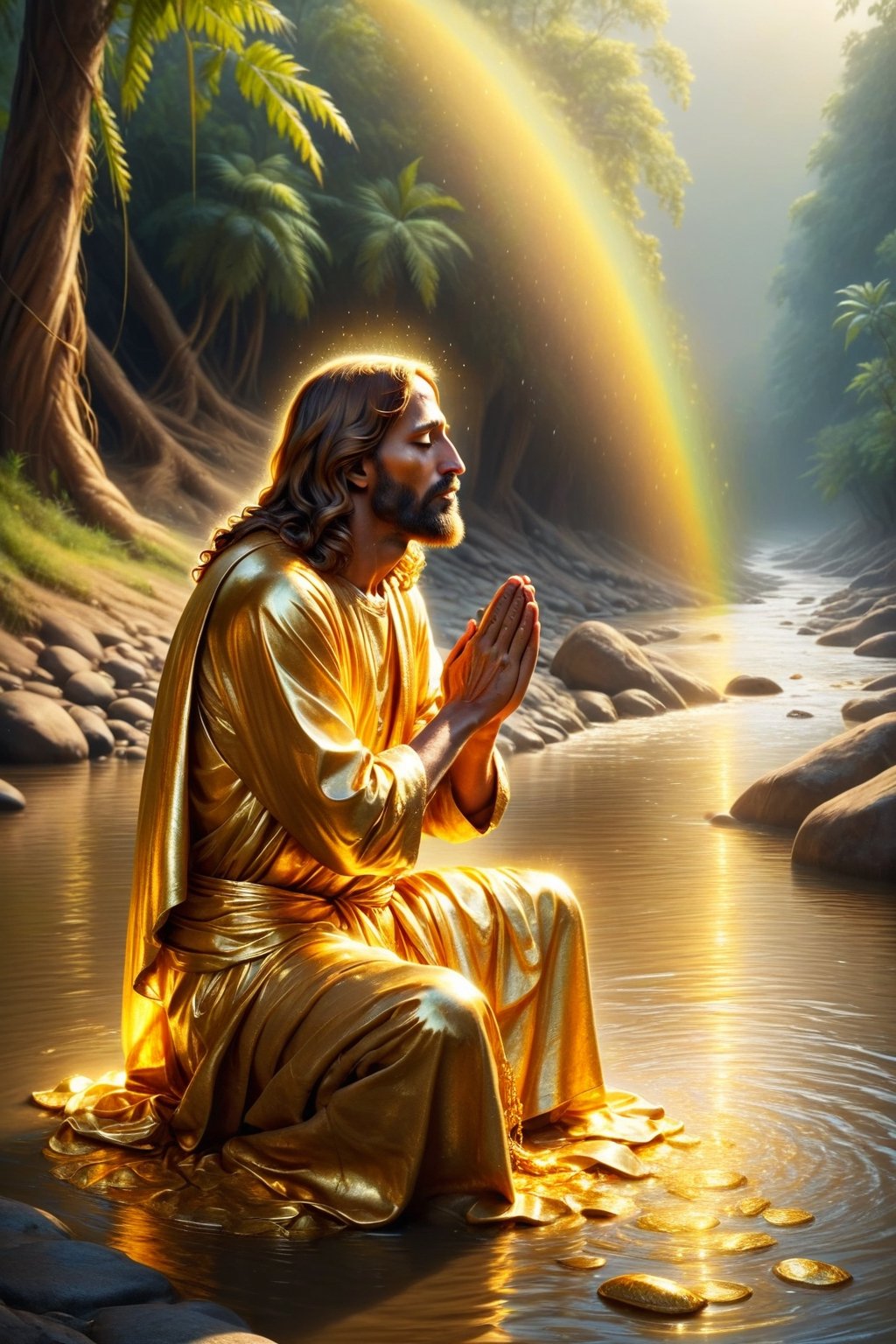 Golden Jesus is praying, poor family in india, people are pray, long river side,BucketGoldUnderTheRainbow