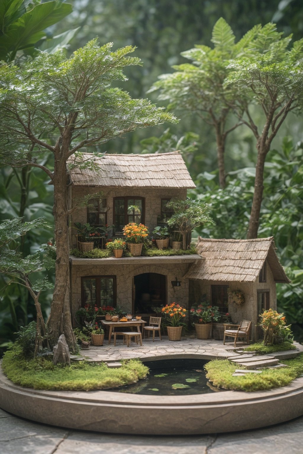 outdoors, food, day, tree, no humans, plant, scenery, basket, potted plant, house,diorama