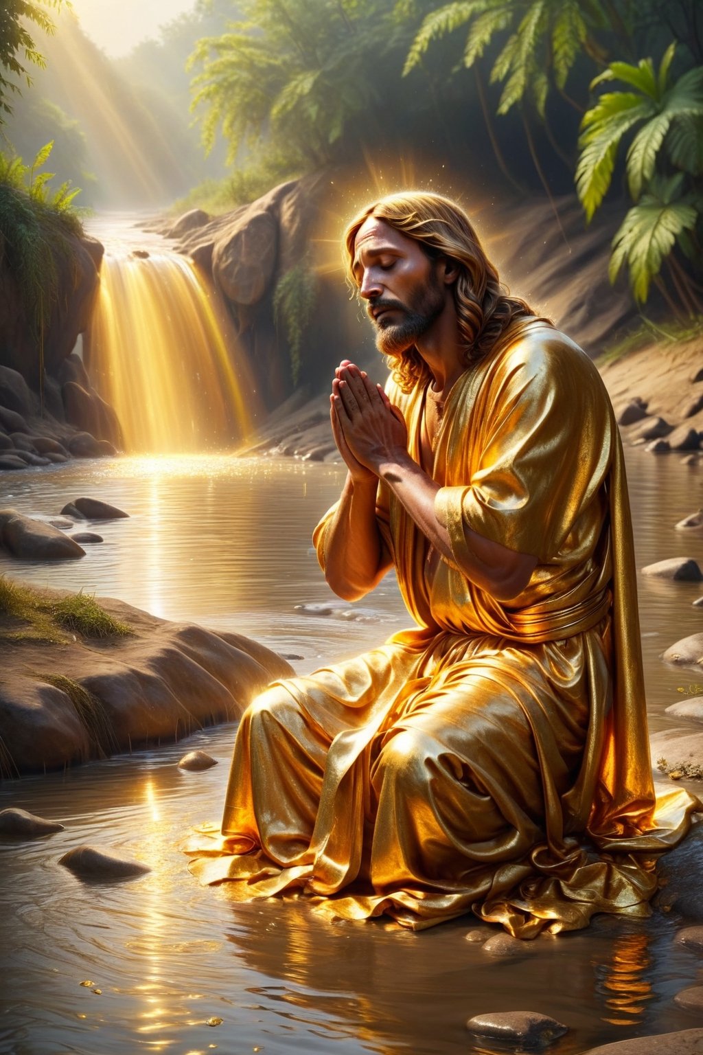 Golden Jesus is praying, poor family in india, people are pray, long river side,BucketGoldUnderTheRainbow