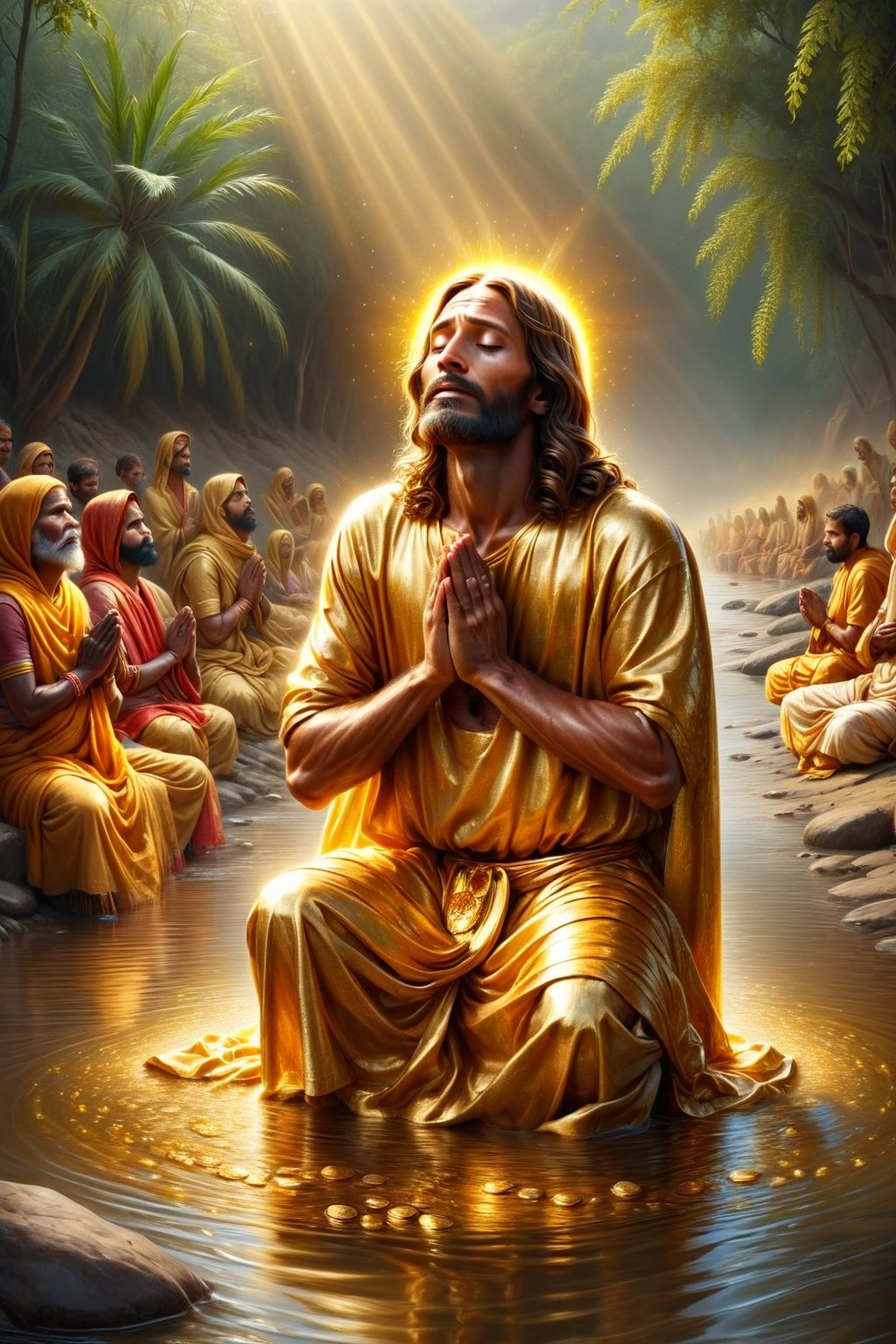 Golden Jesus is praying, poor family in india, people are pray, long river side,BucketGoldUnderTheRainbow