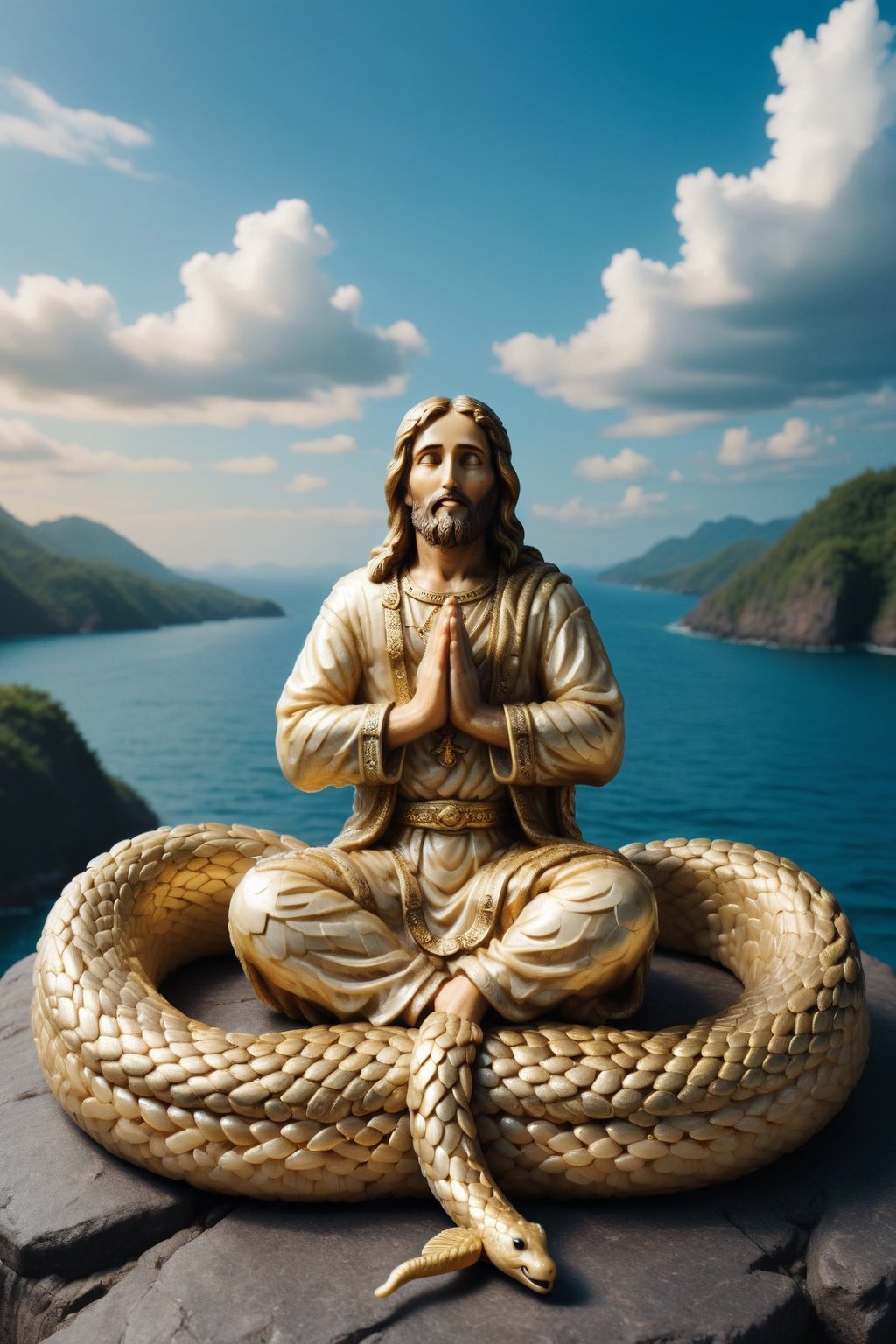 Gold Jesus is praying sit on anaconda snake, indian_style, lot of people are praying, ocean, sky, background,styr