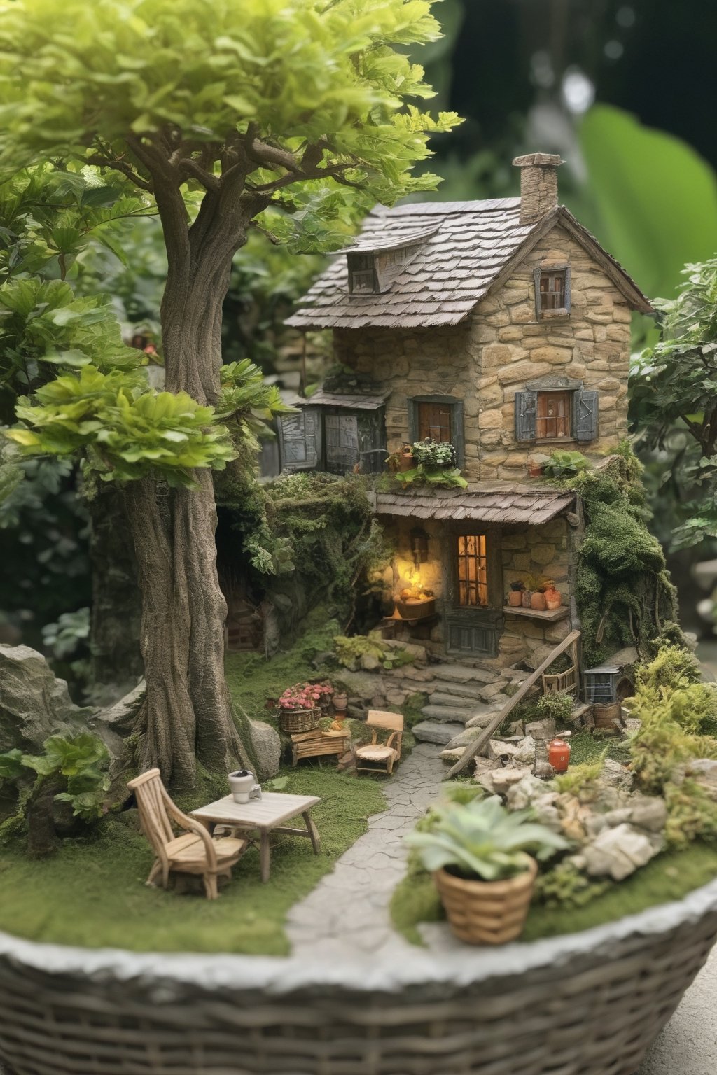 outdoors, food, day, tree, no humans, plant, scenery, basket, potted plant, house,diorama