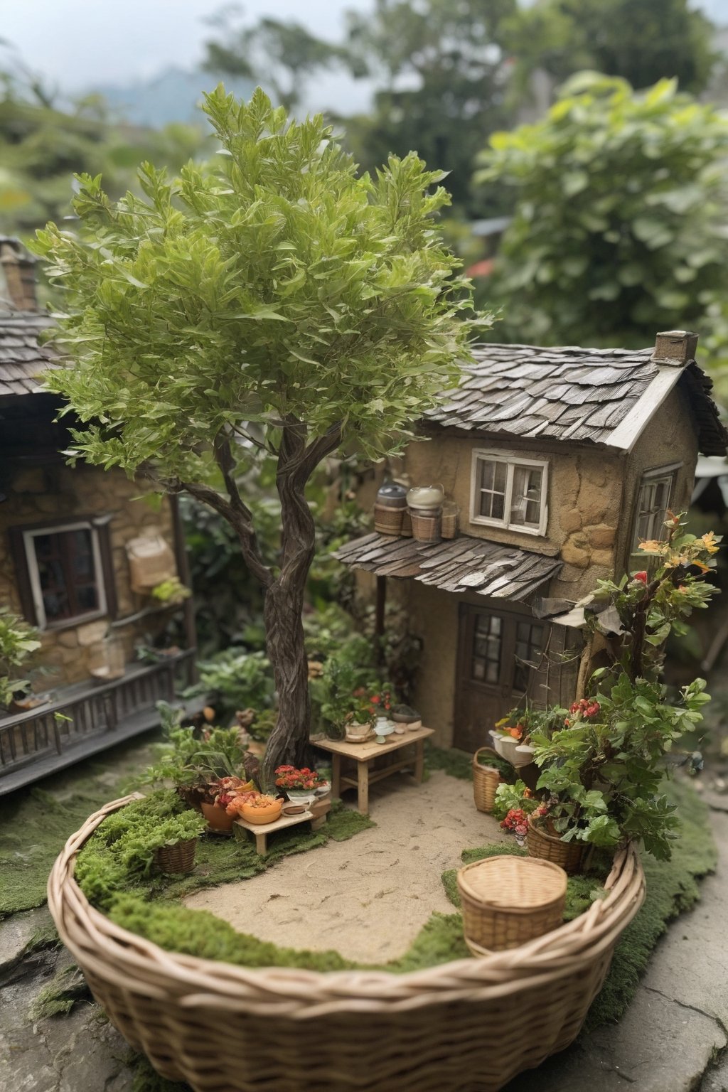 outdoors, food, day, tree, no humans, plant, scenery, basket, potted plant, house,diorama