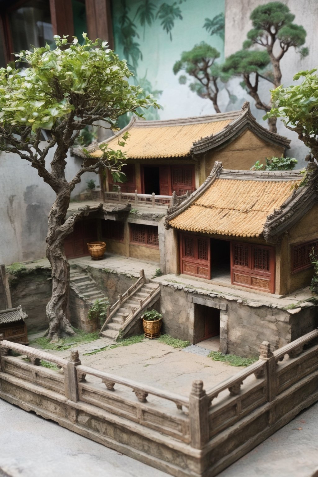 Exteriels , food, day, tree, no humans, plant, scenery, basket, potted plant, house,diorama,gugong