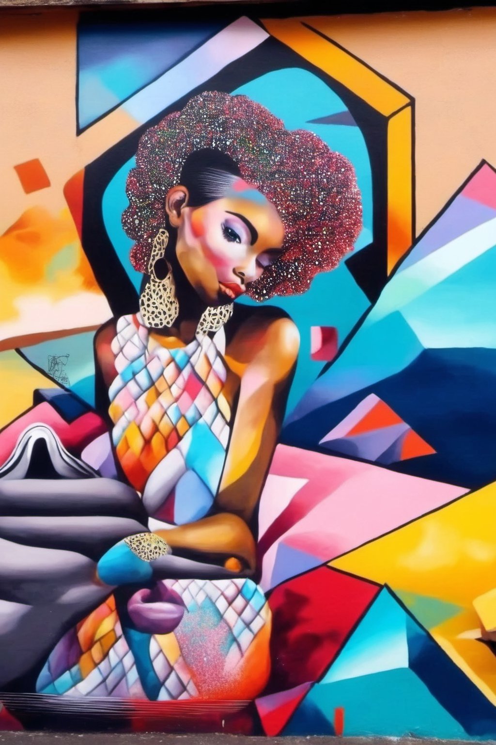 Street art, with its contemporary sensibility and a blend of geometric and surreal forms, conveys beauty,LinkGirl,DonM3l3m3nt4lXL,glitter