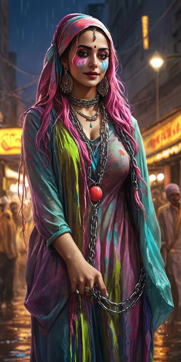 rough_sketch, realistic, female, Clown, long flowing hair, chains, (((splashes of neon colors))), neon colors ,high_resolution,breast_milk,hijabi,muslim girl,in Pakistani city Karachi,