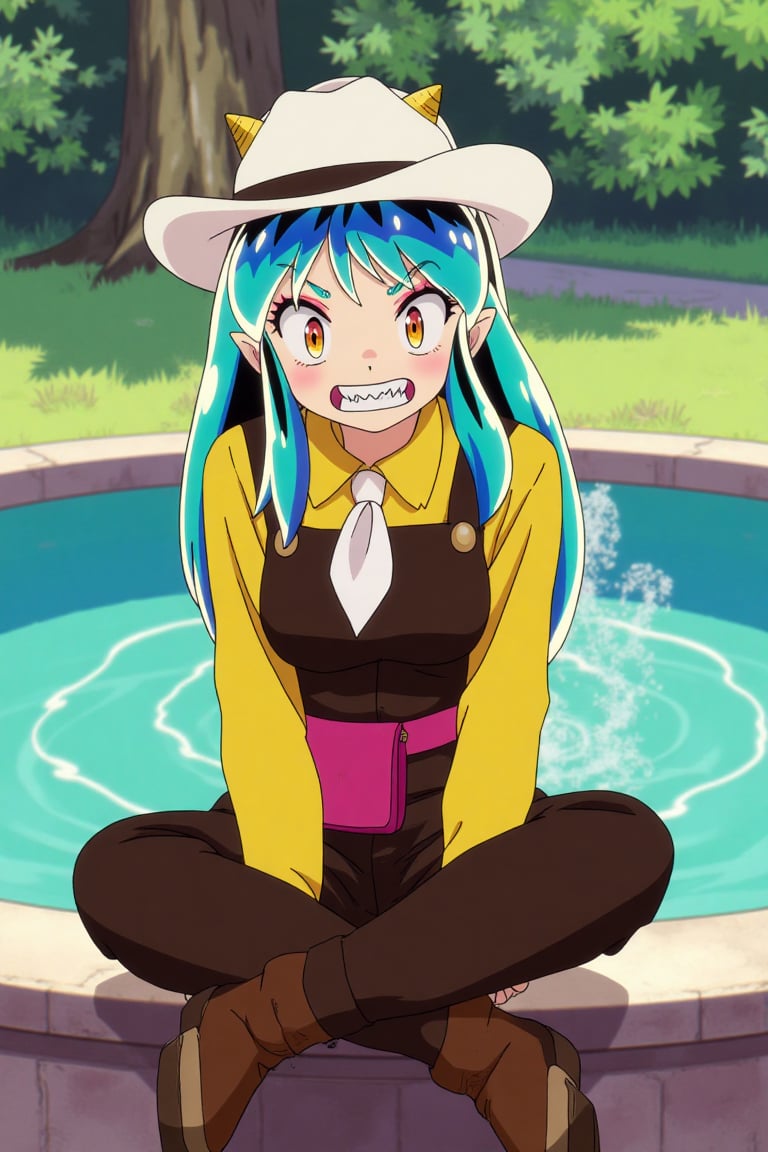A Lum invader sits on a fountain in a park,  her beautiful body clad in a white cowboy hat,  brown overalls by psicovicita...