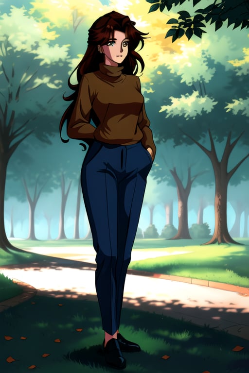 Jun Fudo,  a 175CM tall woman with long dark brown hair and brown eyes,  stands in a park. She has a slim and glamorous bo...