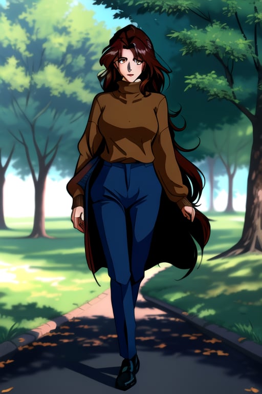 Jun Fudo,  a 175CM tall woman with long dark brown hair and brown eyes,  stands in a park. She has a slim and glamorous bo...