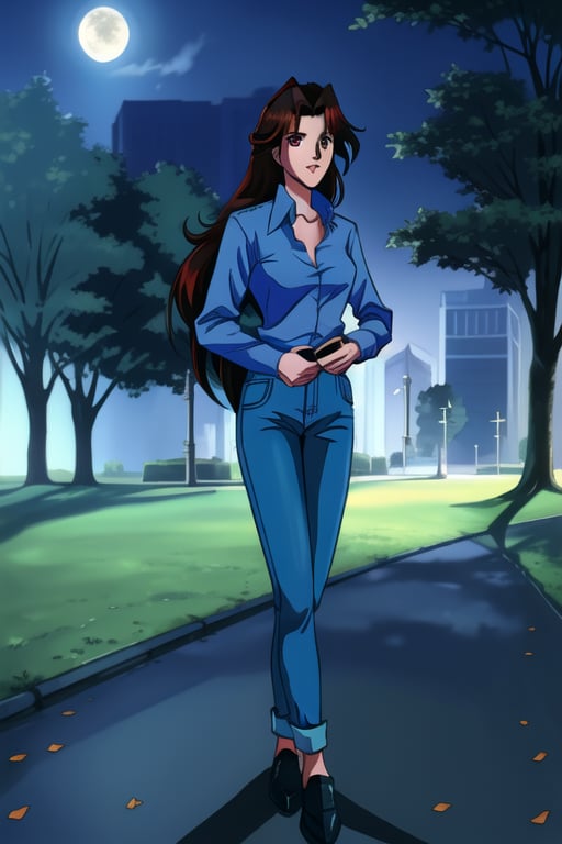 Jun Fudo,  a 175CM tall woman with long dark brown hair and brown eyes,  stands in a park at night. She exudes a slim and...
