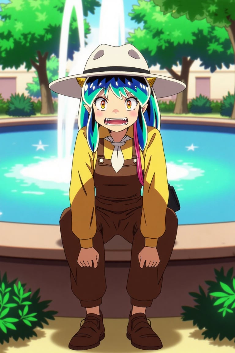 A Lum invader sits on a fountain in a park,  her beautiful body clad in a white cowboy hat,  brown overalls by psicovicita...