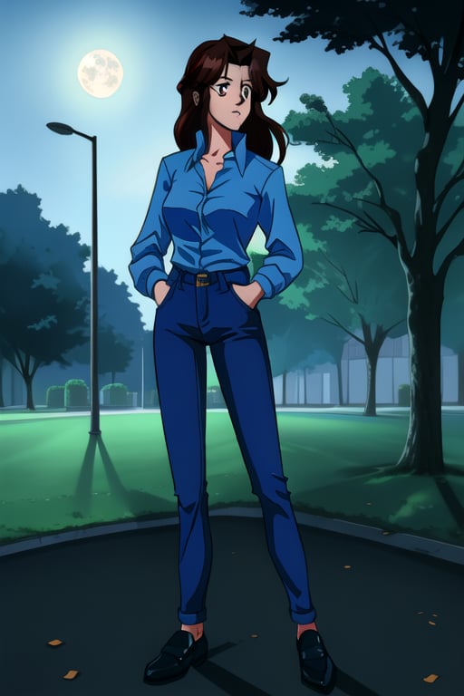 Jun Fudo,  a 175CM tall woman with long dark brown hair and brown eyes,  stands in a park at night. She exudes a slim and...