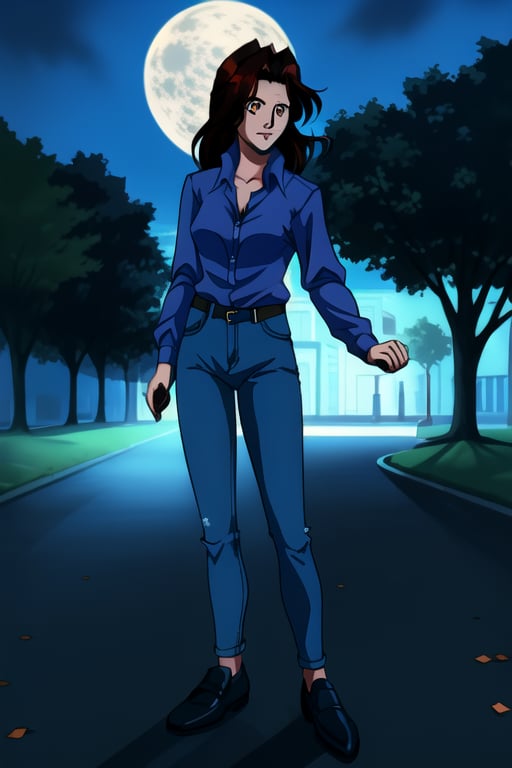 Jun Fudo,  a 175CM tall woman with long dark brown hair and brown eyes,  stands in a park at night. She exudes a slim and...