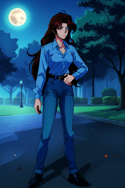Jun Fudo,  a 175CM tall woman with long dark brown hair and brown eyes,  stands in a park at night. She exudes a slim and...