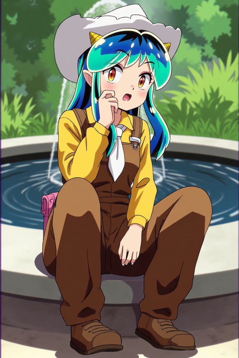 A Lum invader sits on a fountain in a park,  her beautiful body clad in a white cowboy hat,  brown overalls by psicovicita...