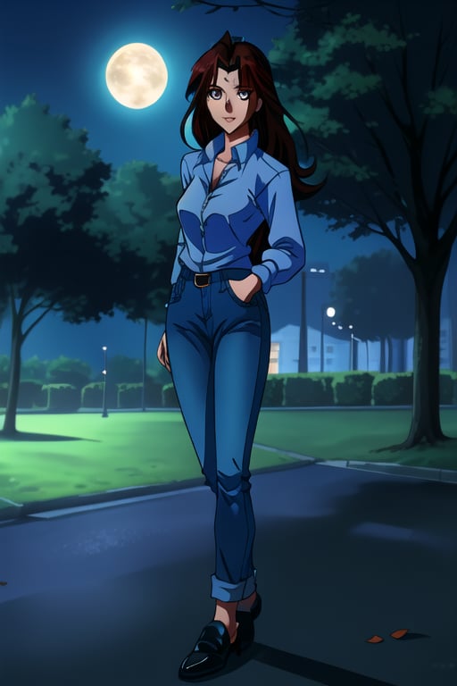 Jun Fudo,  a 175CM tall woman with long dark brown hair and brown eyes,  stands in a park at night. She exudes a slim and...