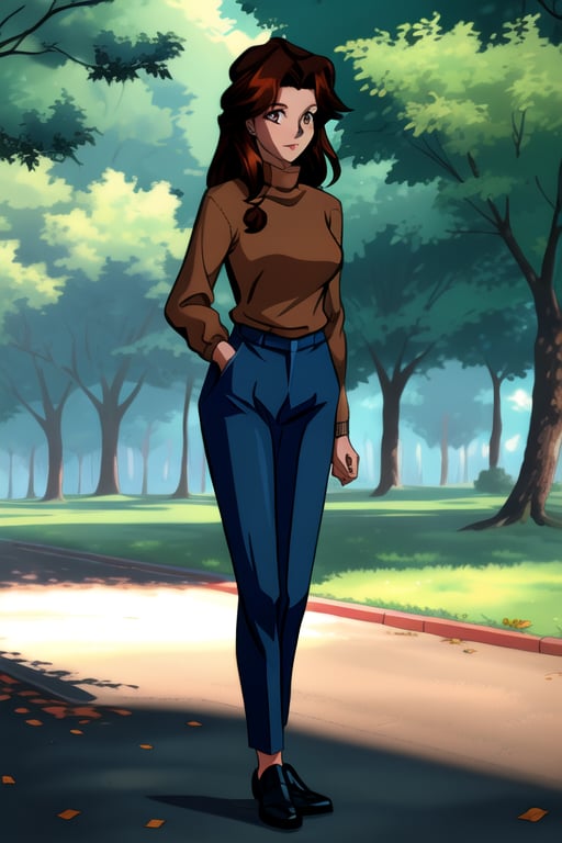 Jun Fudo,  a 175CM tall woman with long dark brown hair and brown eyes,  stands in a park. She has a slim and glamorous bo...