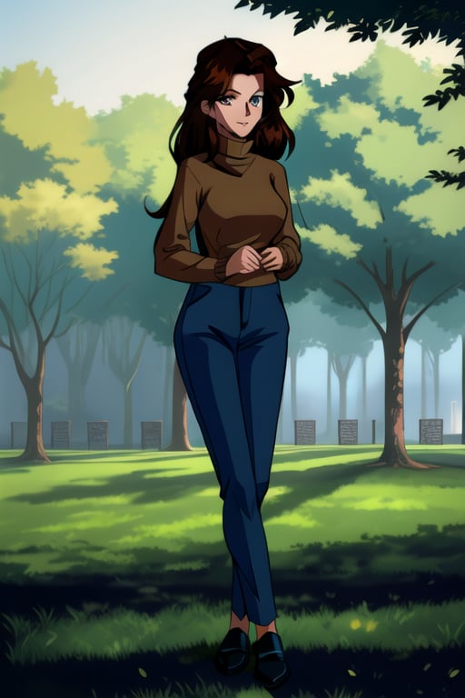 Jun Fudo,  a 175CM tall woman with long dark brown hair and brown eyes,  stands in a park. She has a slim and glamorous bo...