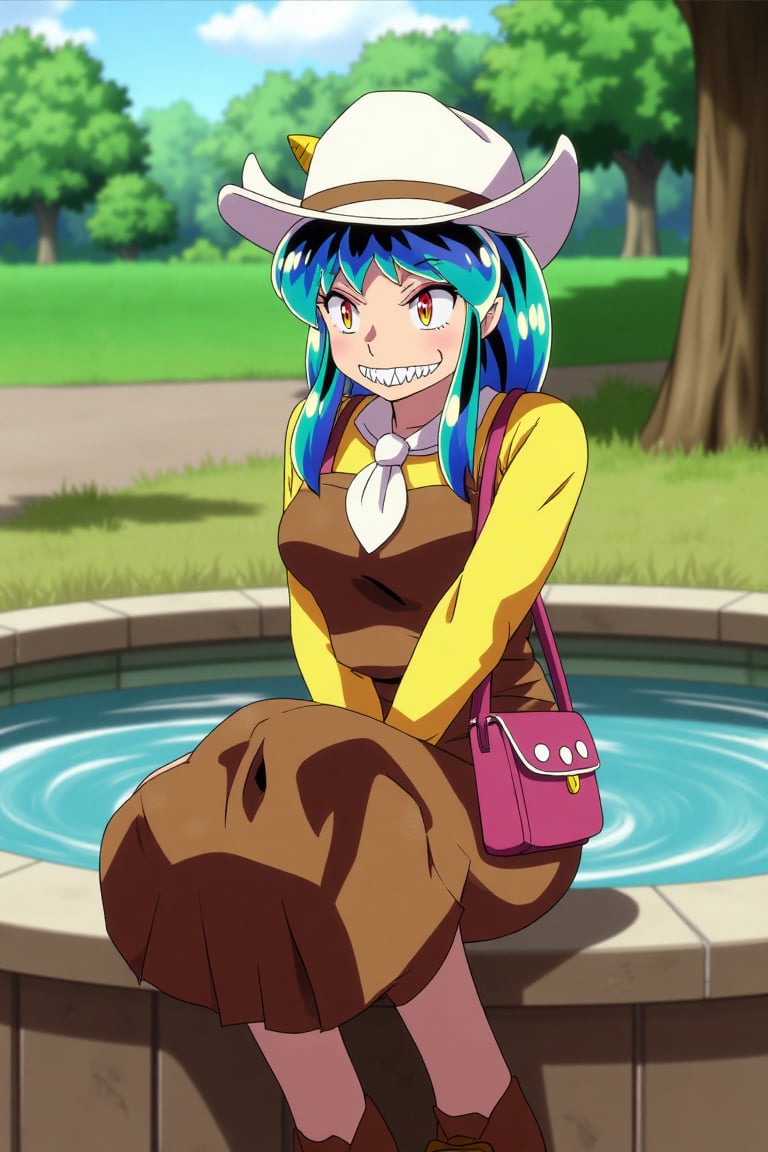 A Lum invader sits on a fountain in a park,  her beautiful body clad in a white cowboy hat,  brown overalls by psicovicita...