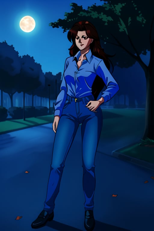 Jun Fudo,  a 175CM tall woman with long dark brown hair and brown eyes,  stands in a park at night. She exudes a slim and...