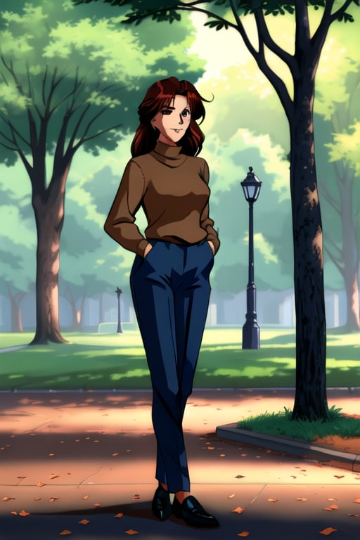 Jun Fudo,  a 175CM tall woman with long dark brown hair and brown eyes,  stands in a park. She has a slim and glamorous bo...