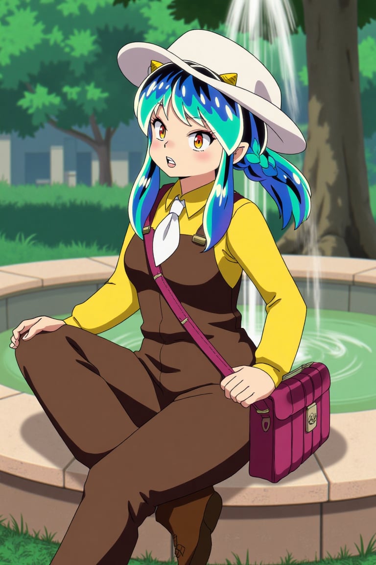 A Lum invader sits on a fountain in a park,  her beautiful body clad in a white cowboy hat,  brown overalls by psicovicita...