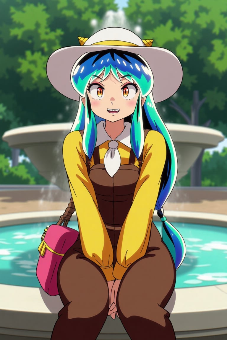 A Lum invader sits on a fountain in a park,  her beautiful body clad in a white cowboy hat,  brown overalls by psicovicita...