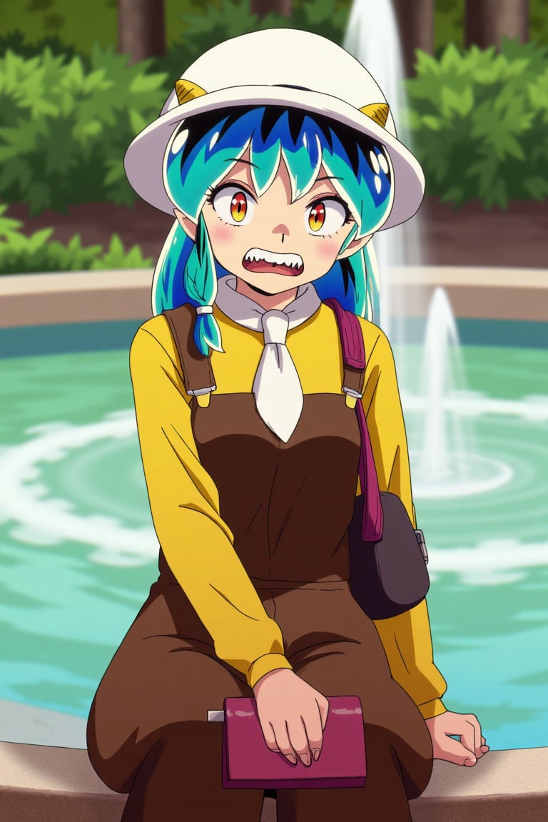 A Lum invader sits on a fountain in a park,  her beautiful body clad in a white cowboy hat,  brown overalls by psicovicita...