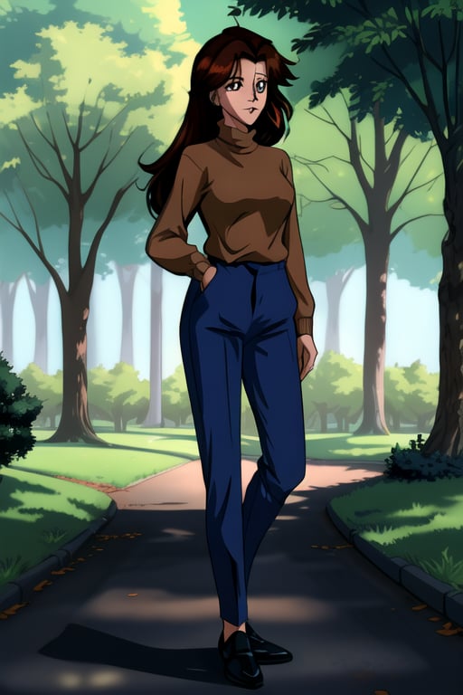 Jun Fudo,  a 175CM tall woman with long dark brown hair and brown eyes,  stands in a park. She has a slim and glamorous bo...