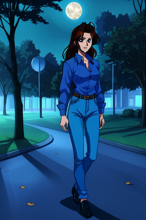 Jun Fudo,  a 175CM tall woman with long dark brown hair and brown eyes,  stands in a park at night. She exudes a slim and...