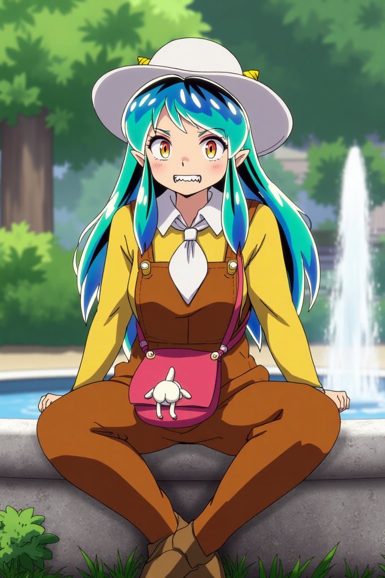 A Lum invader sits on a fountain in a park,  her beautiful body clad in a white cowboy hat,  brown overalls by psicovicita...
