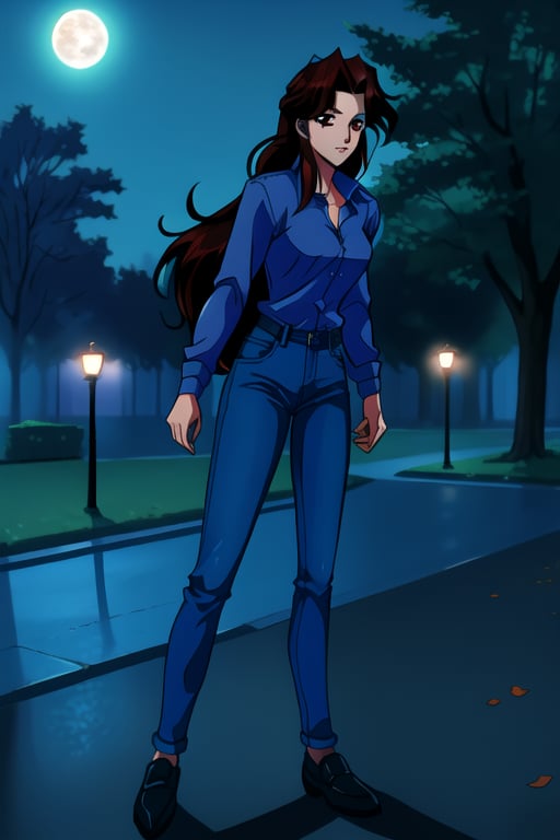Jun Fudo,  a 175CM tall woman with long dark brown hair and brown eyes,  stands in a park at night. She exudes a slim and...