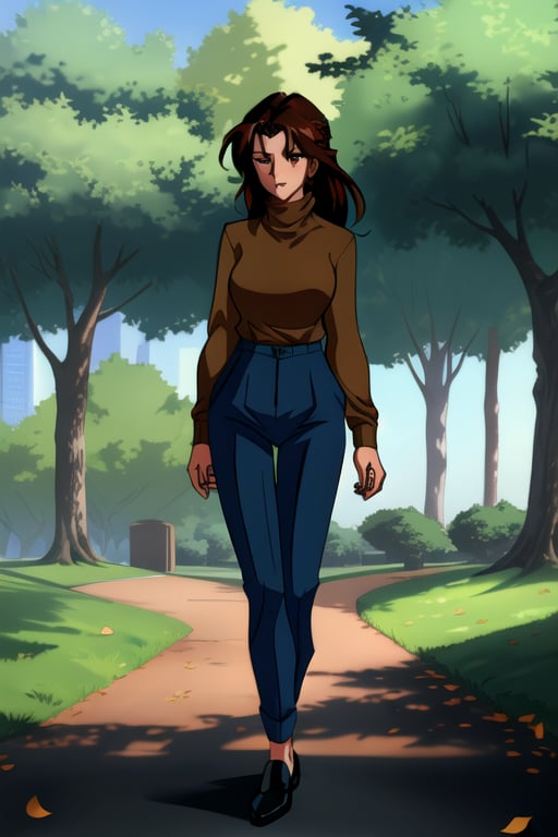 Jun Fudo,  a 175CM tall woman with long dark brown hair and brown eyes,  stands in a park. She has a slim and glamorous bo...