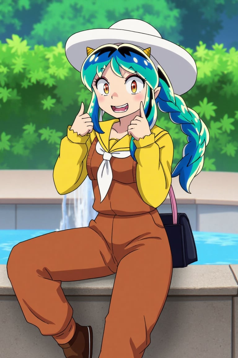 A 17-year-old Lum invader sits on a fountain in a park,  her curvy body clad in a white cowboy hat,  brown overalls by psi...