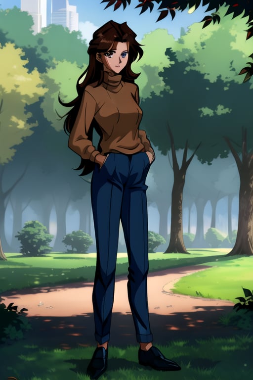 Jun Fudo,  a 175CM tall woman with long dark brown hair and brown eyes,  stands in a park. She has a slim and glamorous bo...