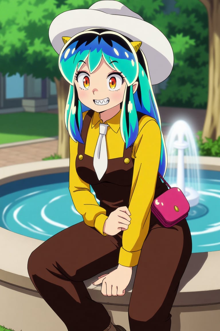 A Lum invader sits on a fountain in a park,  her beautiful body clad in a white cowboy hat,  brown overalls by psicovicita...